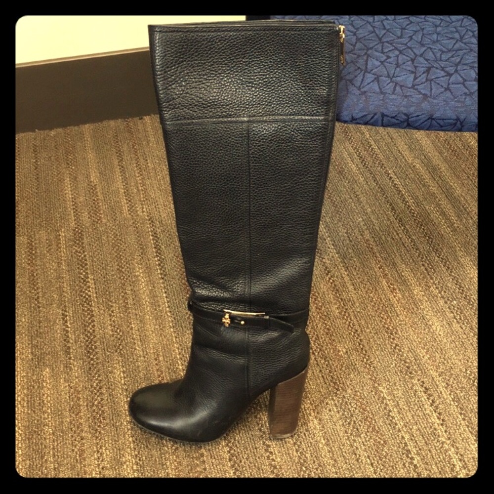 Black Tory Burch knee high leather heeled boots
